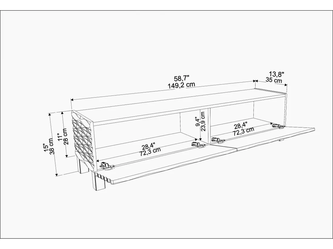 Meuble TV Lerze 150 cm Portes avec portes texture 3D en MDF (Chêne et Blanc)