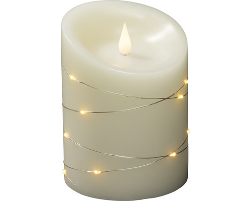 LED-kaars van echte was, crème, Konstsmide, Ø 10 cm, H 14 cm, amberkleurige lichtkleur, werkt op batterijen