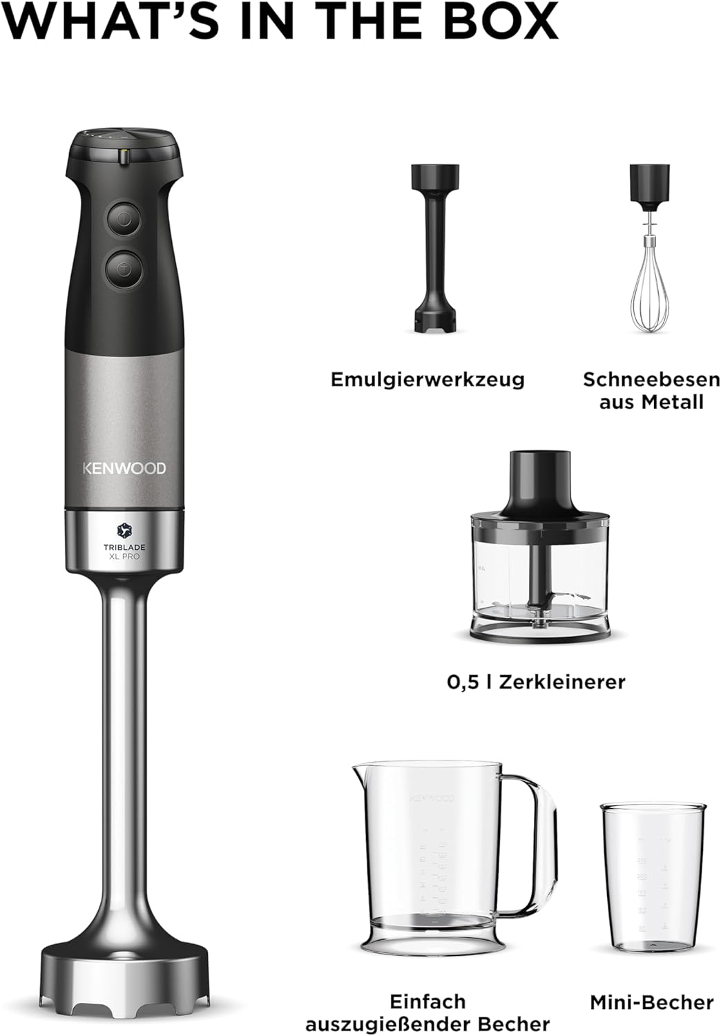 Kenwood Triblade XL Pro Stabmixer HBM80.322BK, 1200W, variable Geschwindigkeiten, Edelstahl(Pürierfuß), Schneebesen, Emulgieraufsatz, 500ml Zerkleiner, 700 & 250ml Becher, spülmaschinenfeste Teile