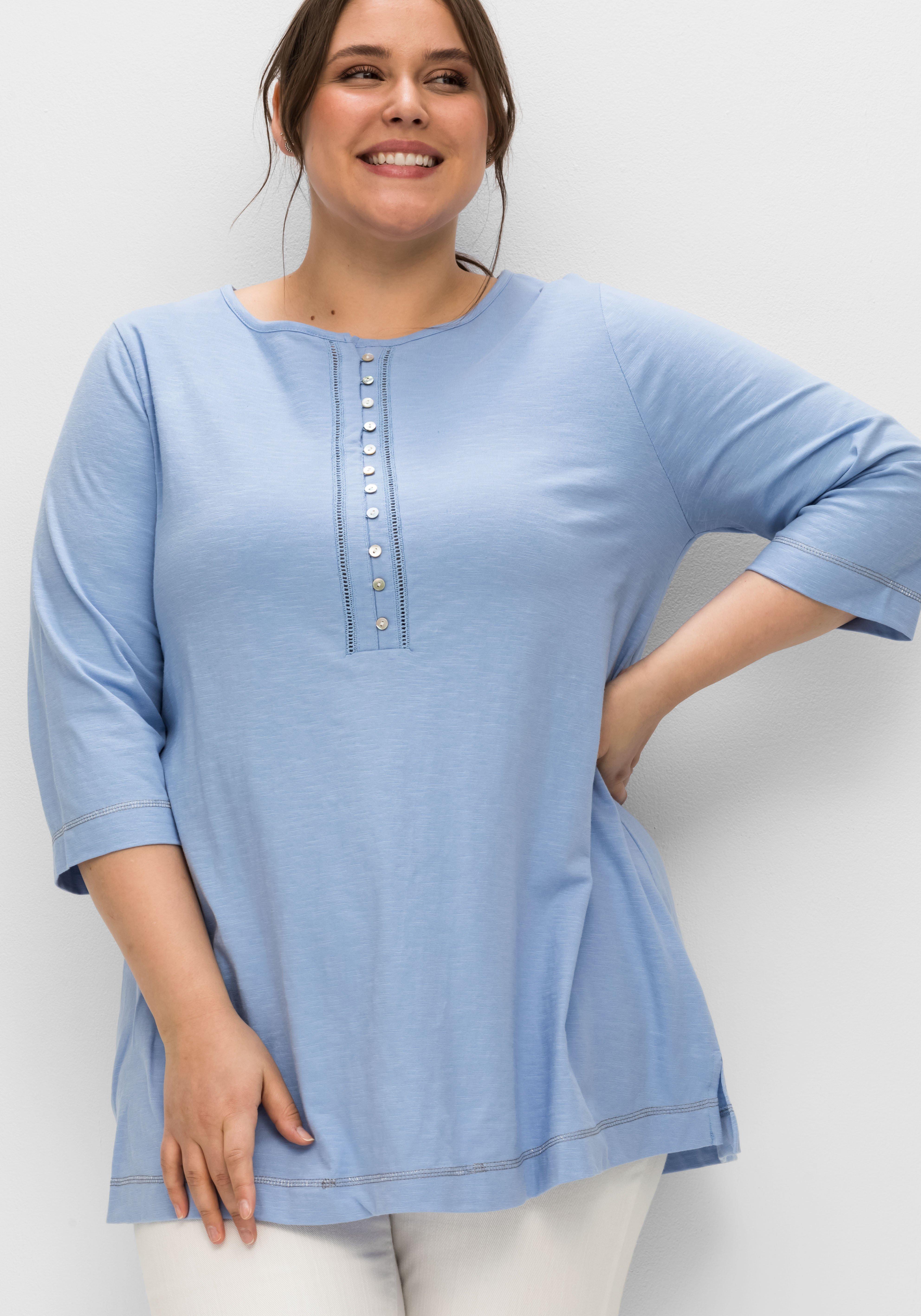 Shirt mit 3/4-Arm und Knopfleiste, aus Flammgarn