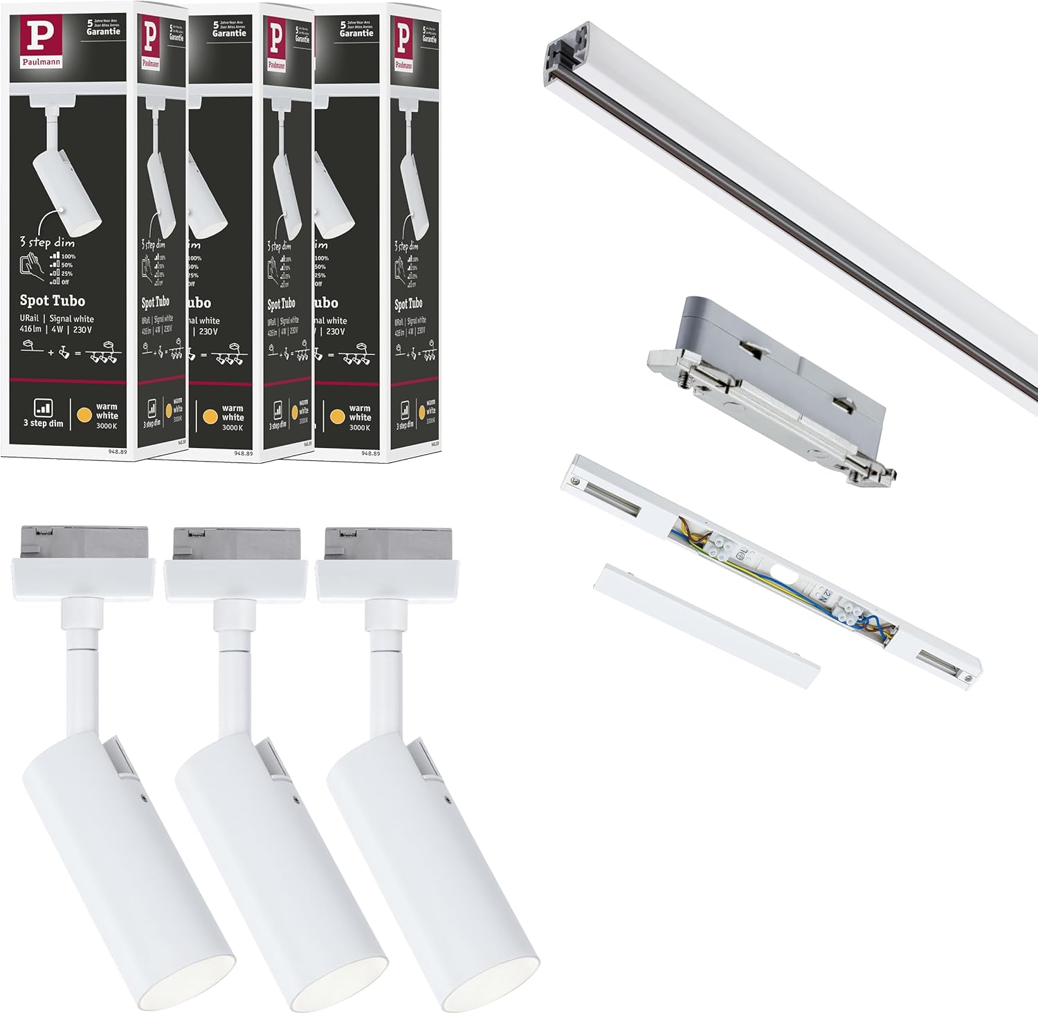 Paulmann 5243 URail LED Schienenspot Tubo Starterset 3x150lm 3x4W 3000K dimmbar 230V Signalweiß