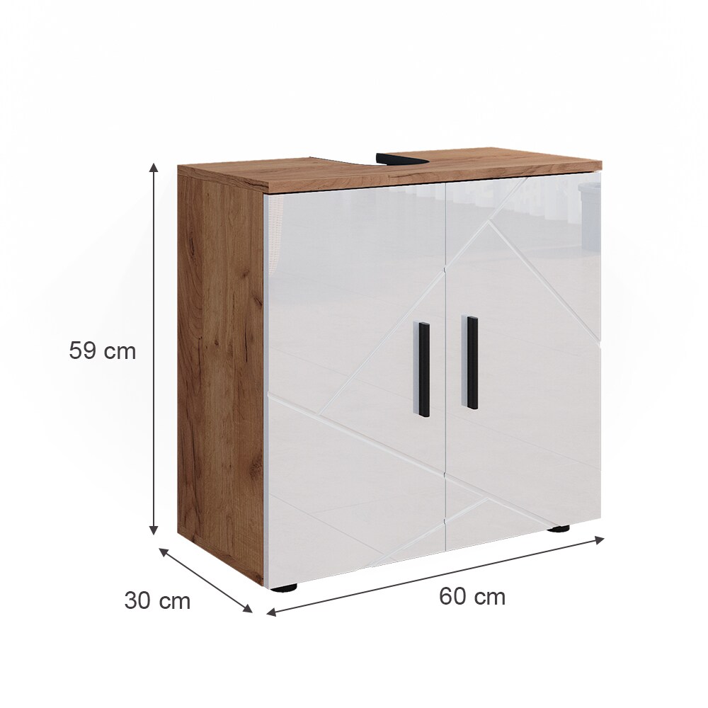 Vicco Waschtischunterschrank Waschbeckenunterschrank Irma Eiche Weiß Hochglanz modern 60x59 cm Badezimmer Schrank Badschrank Badkommode Badmöbel 2 Türen