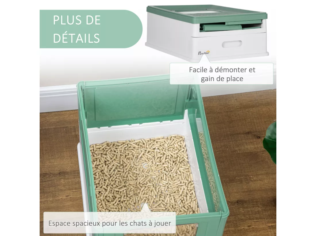 Maison de toilette pliable pour chat - tiroir à litière coulissant, porte battante et trappe transparente, pelle - blanc vert