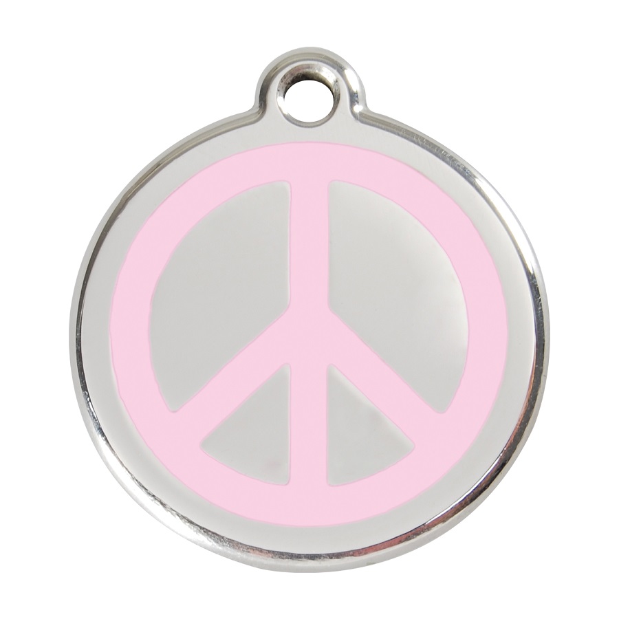 Placa de identificação para cães em aço inoxidável esmaltado rosa com o símbolo da paz