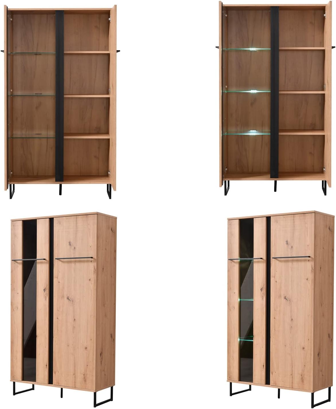 Homestyle4u 2213 Wohnwand 4-teilig Komplett-Set Schrankwand Holz Eiche Wohnzimmer Anbauwand Modern Industrial Style