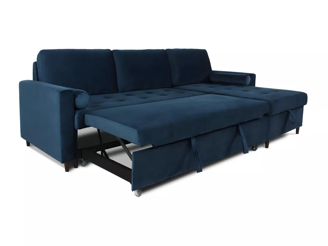 Canapé d'angle convertible réversible Claudio en velours bleu foncé