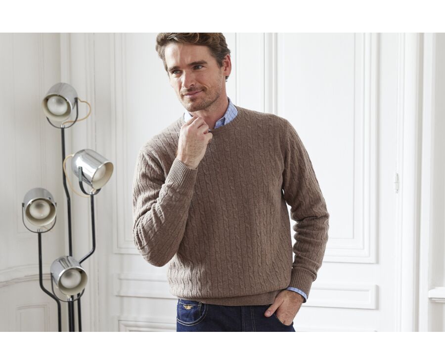 Pull homme col rond laine motifs torsades Marron Chiné - CONTOR