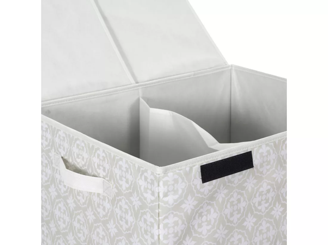 Panier de linge double en polyester BOMBAY pliable motif damassé beige