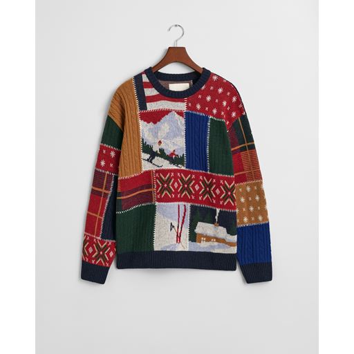 GANT Patchwork Crewneck Sweater, Dark Navy Melange, XL
