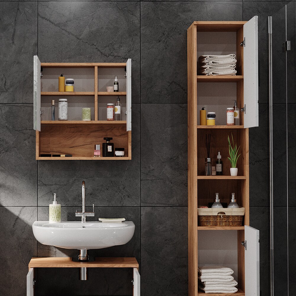 Vicco Hochschrank Badschrank Badezimmermöbel Irma Eiche Weiß Hochglanz modern 30x192 cm Badkommode Badezimmer Schrank Badmöbel 2 Türen 6 Fächer