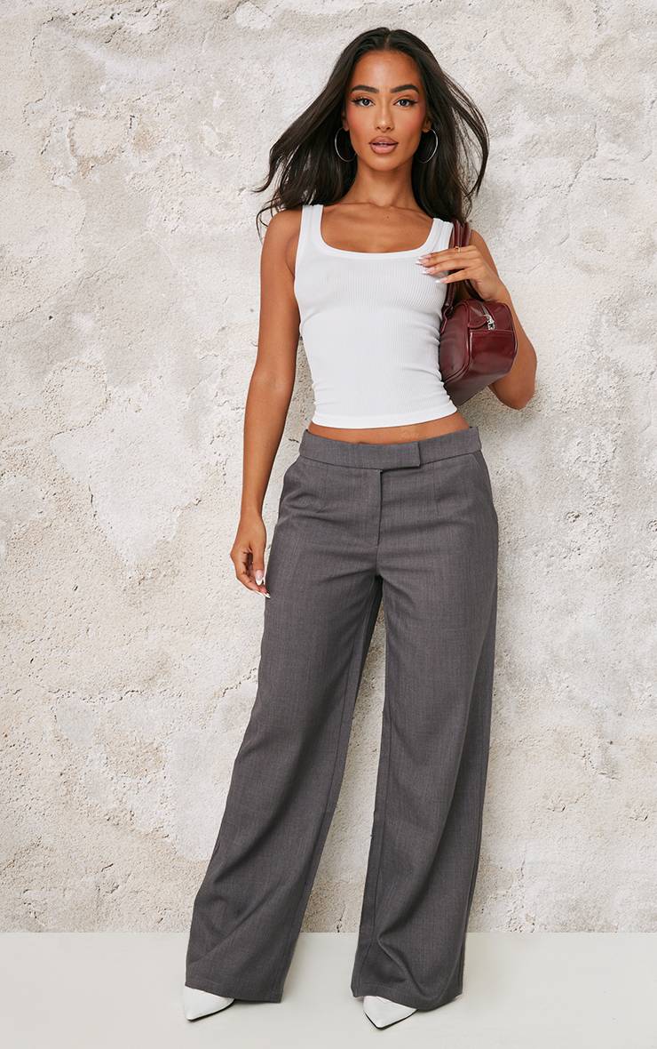 Gris Pantalon Large Taille Basse En Tissu Tissé Premium Petite