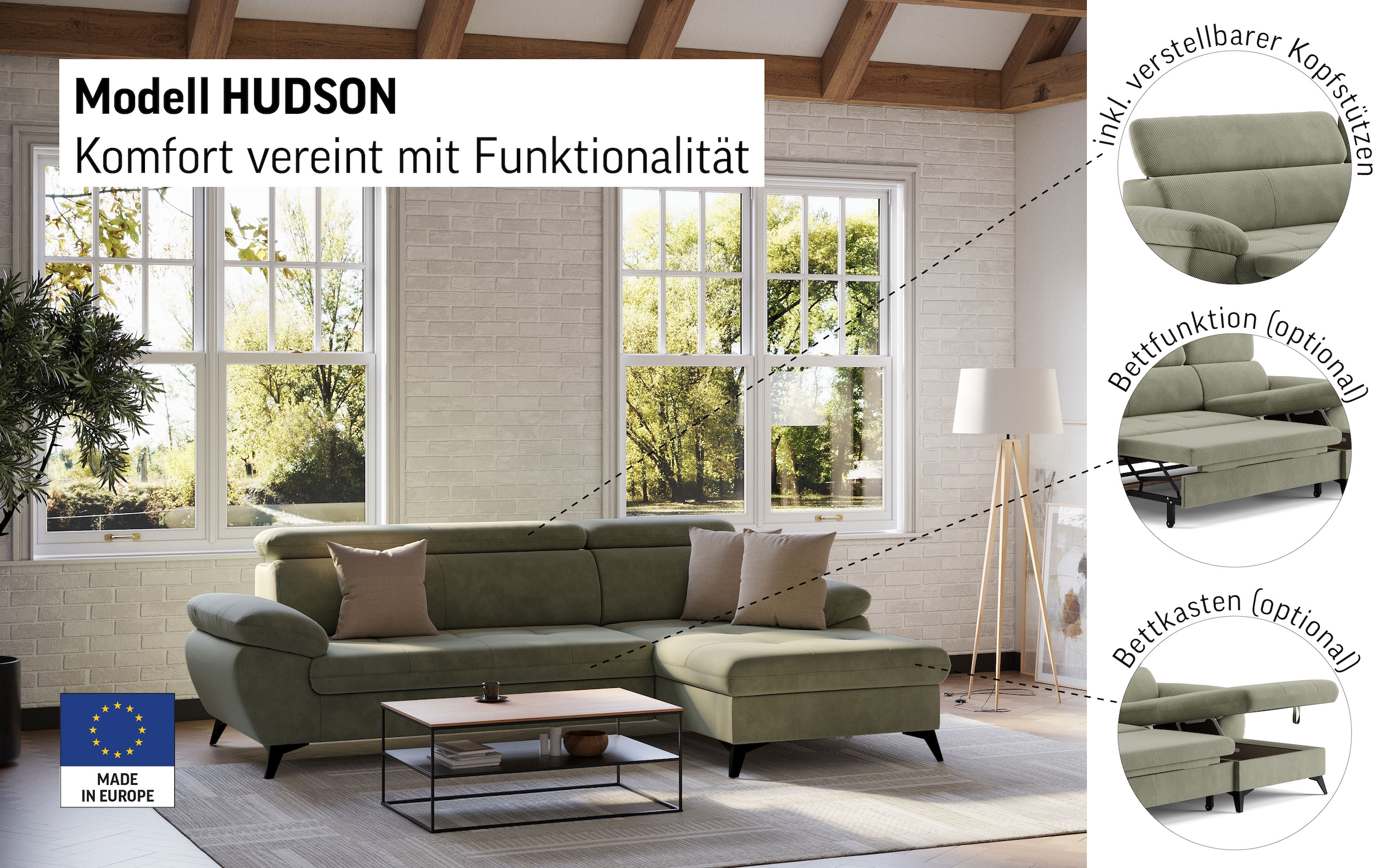COTTA Ecksofa »Hudson L-Form« mit Kopfteilverstellung, wahlweise mit Bettfunktion & Bettkasten