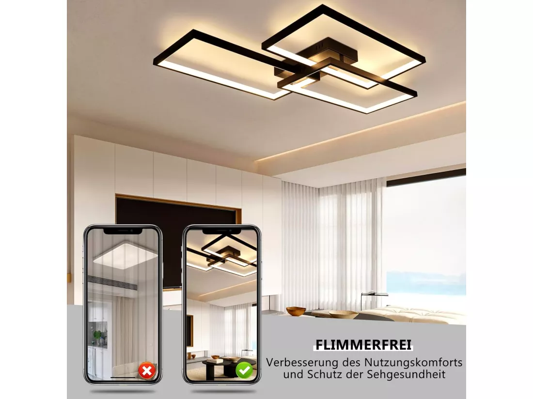 NETTLIFE Plafonnier LED Métal Noir 72W 80CM Salon Lampe de Salon Moderne Dimmable avec Télécommande Design Rectangulaire pour Cuisines