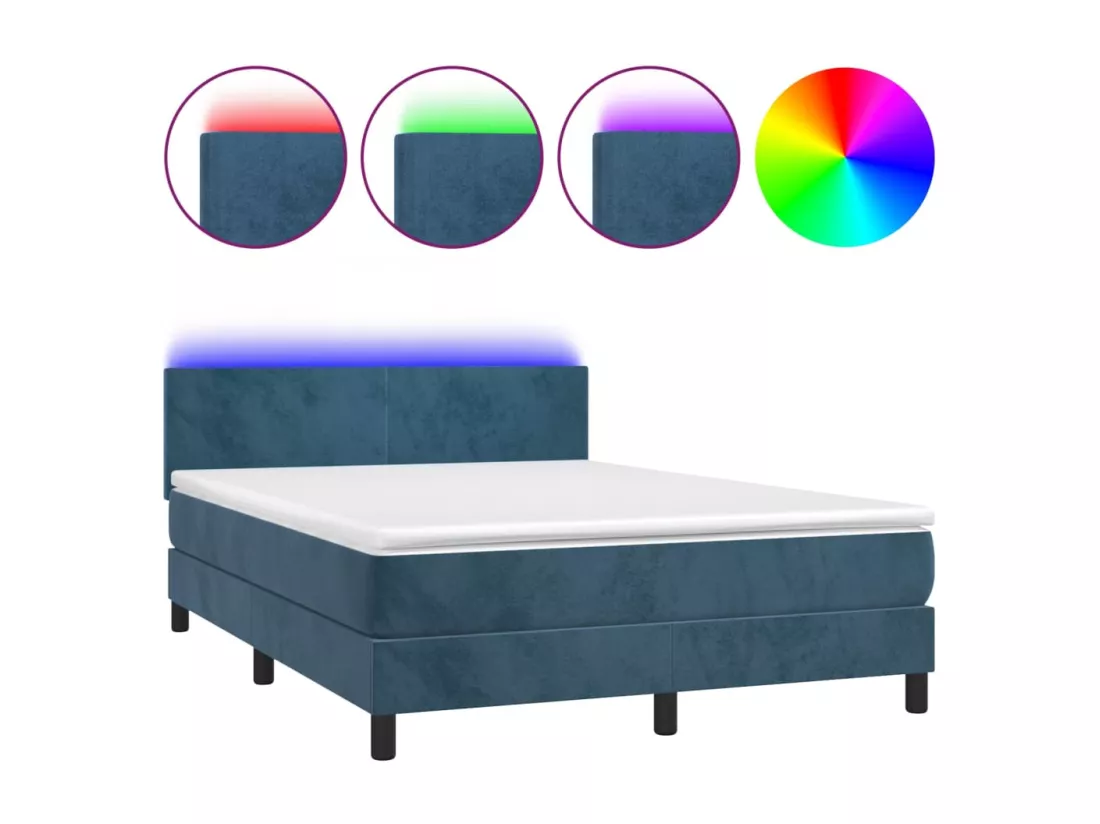 Sommier tapissier matelas et LED Bleu foncé 140x190 cm Velours