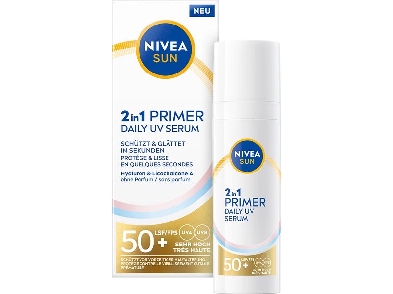 NIVEA SUN Serum UV Face 2in1 Primer Daily LSF 50  30 ml Parfümfreies Serum für alle Hauttypen bietet sofortigen Schutz vor UVA/UVB-Strahlen