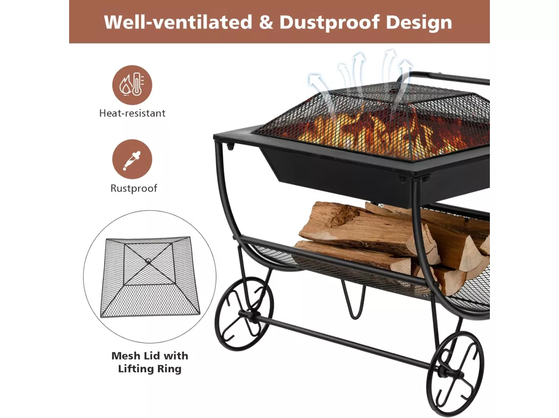 Brasero Exterieur pour Jardin, 75,5 x 58,5 x 56,5 cm, Terrasse Feu avec Support de Rangement Charge 50KG, 2 Roues Pratique Noir