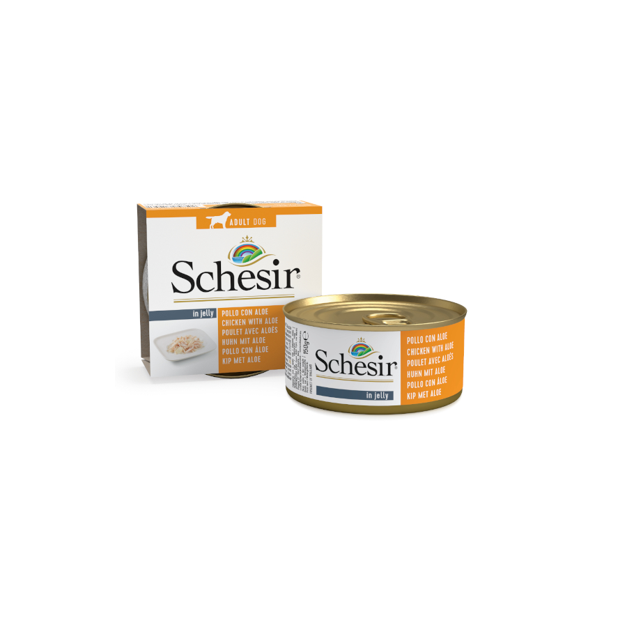 Lata de gelatina Schesir Adult de 150g com sabor de frango e aloe vera para cães.