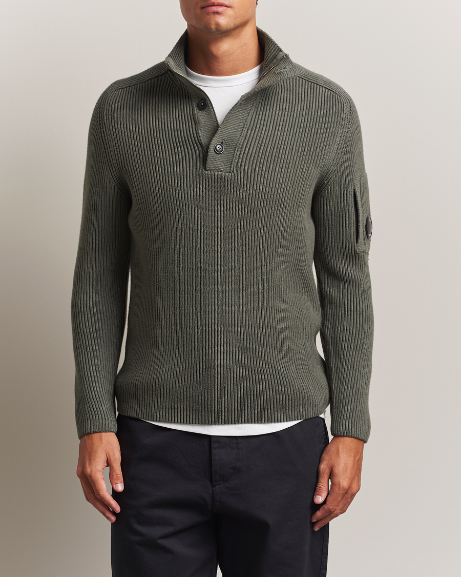 C.P. Company Full Rib Knitted Cotton Half Button Grey