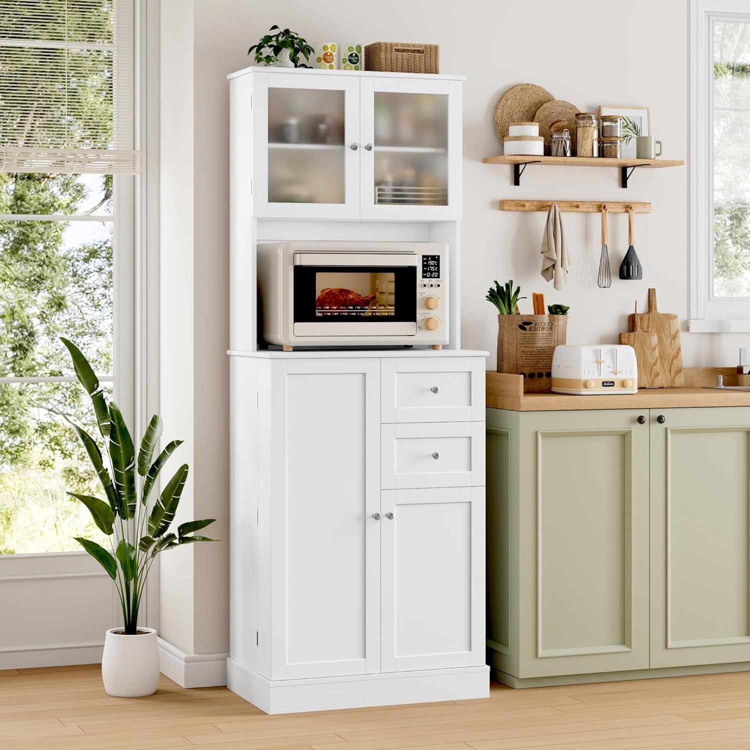 HOCSOK Küchenschrank, 182.5 cm Buffetschrank mit 2 Glastüren, Hochschrank mit 4 Türen und 2 Schubladen, Mehrzweckschrank für Küche, Esszimmer, Wohnzimmer, Weiß