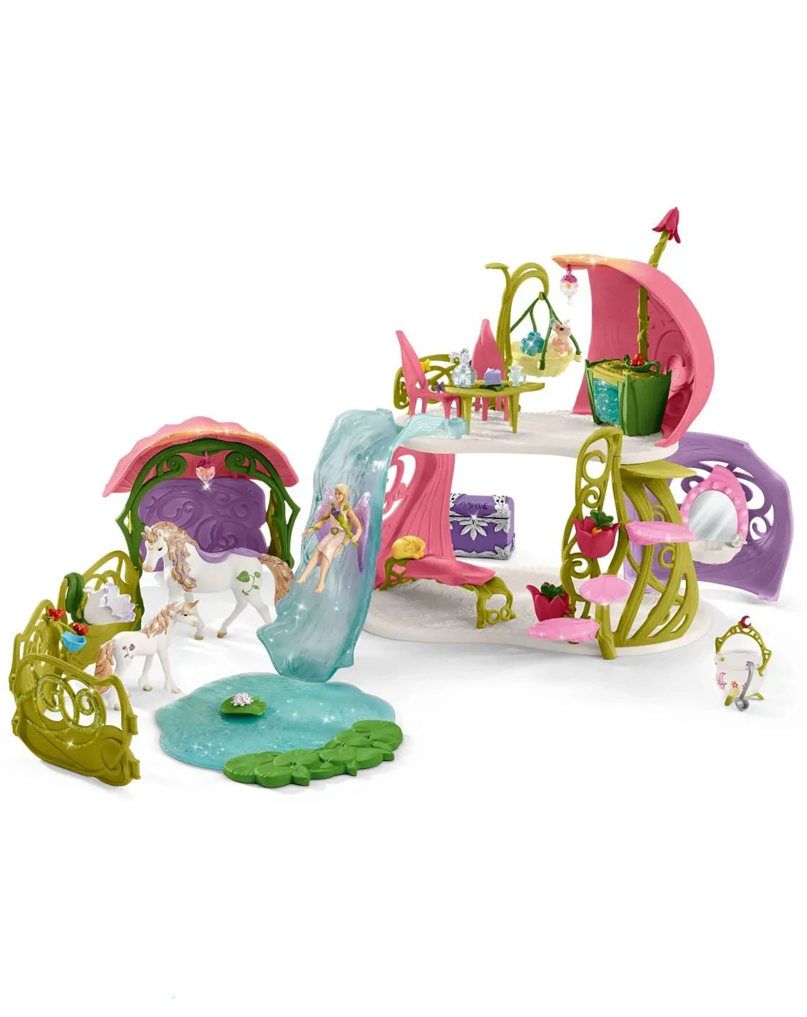 schleich® 42445 Bayala – Glitzerndes Blütenhaus mit Einhörnern, See und Stall