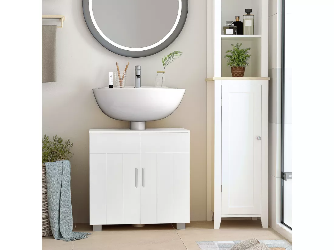 Meuble vasque - meuble sous-vasque - 2 portes rainurées, 2 étagères - poignées alliage aluminium - dim. 60L x 30l x 60H cm - MDF blanc