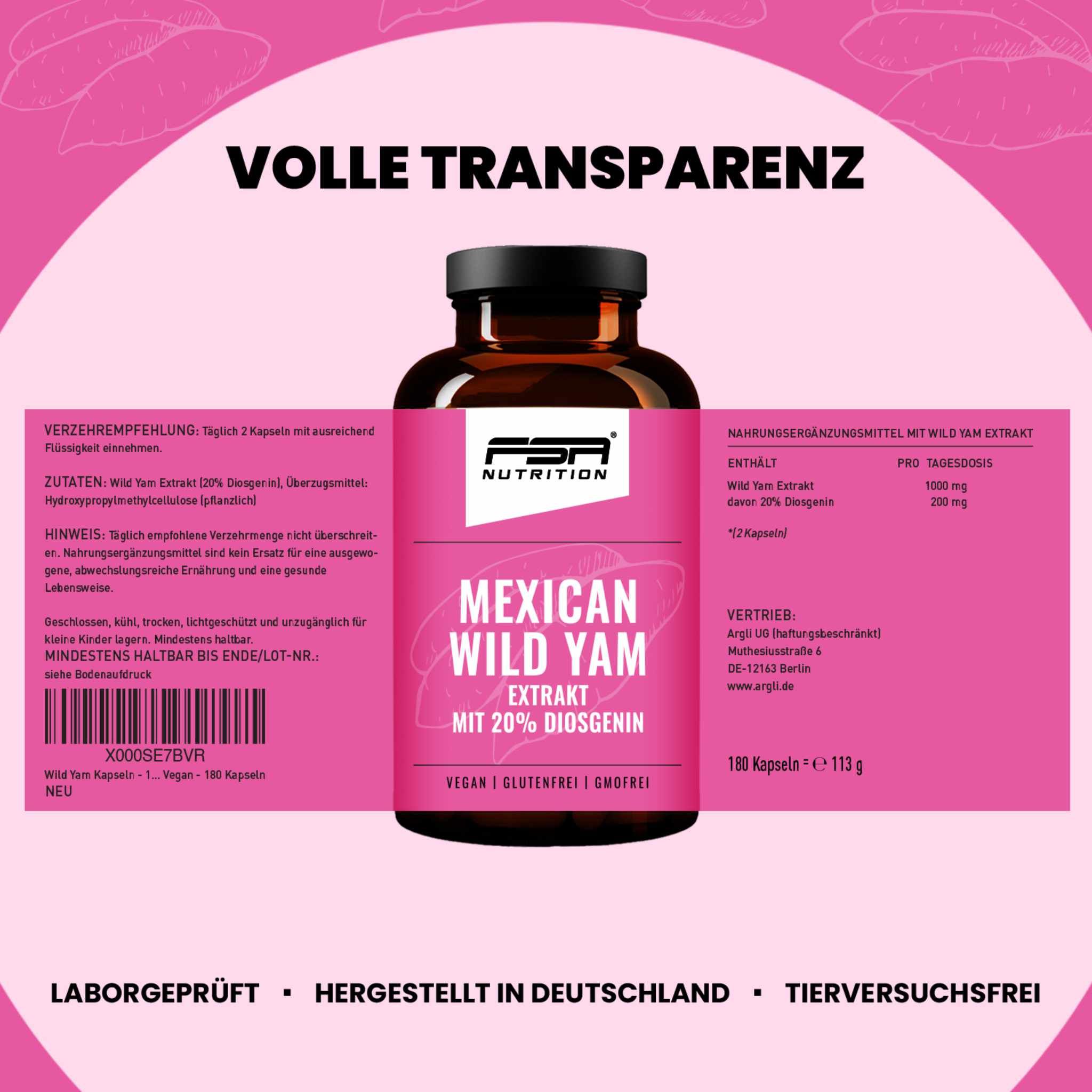 FSA NUTRITION Mexican Wild Yams Extrakt mit 20% Diosgenin 180 Kapseln im Glas