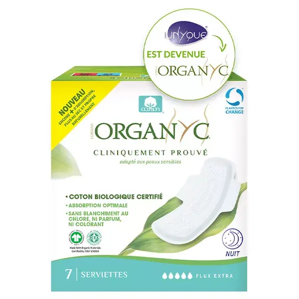 Absorventes noturnos Organyc Extra Flow, pacote com 7 unidades
