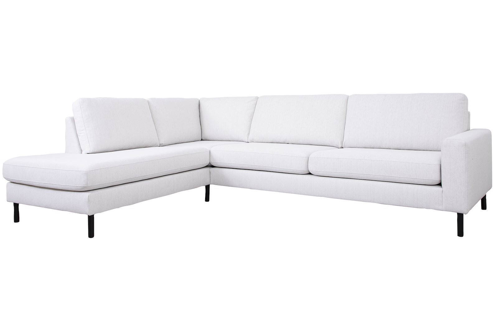 Pixel hjørnesofa 3-seter med åpen ende venstre. Tekstil Neve 02 offwhite. Høy front, W31 sortlakkert ben og arm A15. Komfort 1.