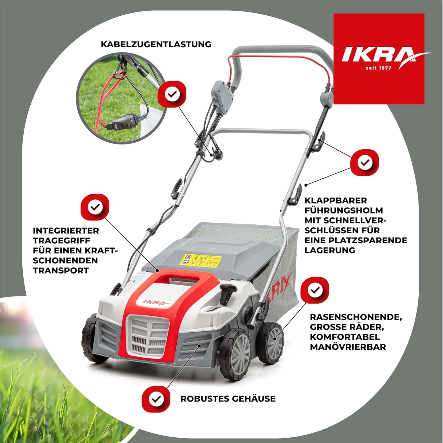 IKRA Elektro Vertikutierer Rasenlüfter IEVL 1840 Fangkorb 55l Arbeitsbreite 40cm Arbeitstiefe einstellbar 1.800W Grau/Rot/Schwarz