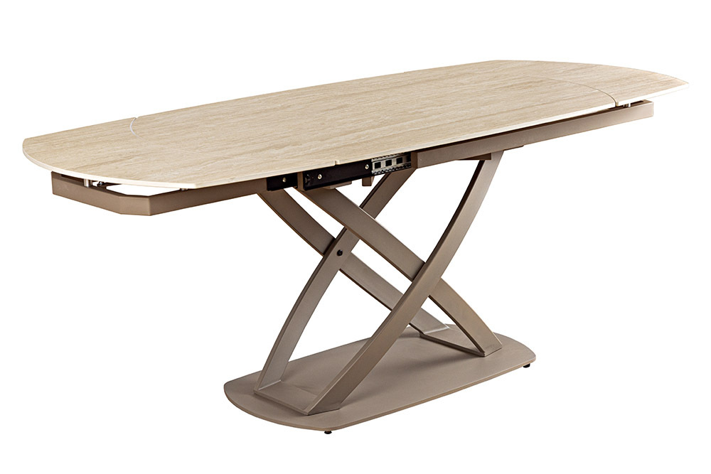 Ausziehbarer Esstisch INCEPTION 130-190cm oval Travertin Keramik champagner greige