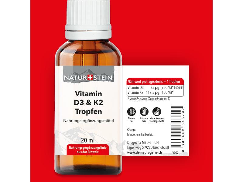 Naturstein Vitamin D3 K2 Öl 20 ml Alkoholfreies Nahrungsergänzungsmittel für gesunde und starke Knochen