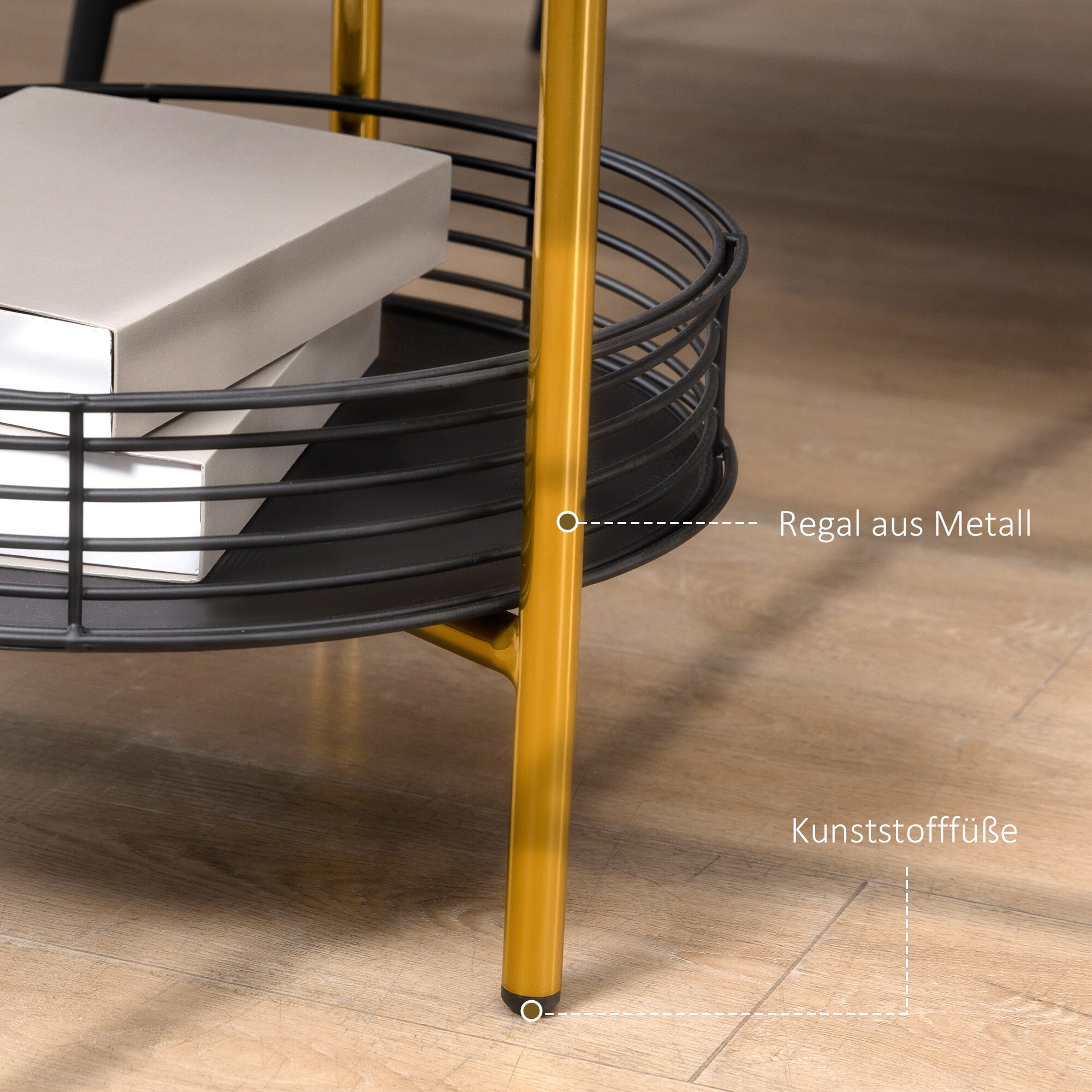 HOMCOM Beistelltisch mit Serviertablett schwarz, gold 43L x 45B x 61,5H cm