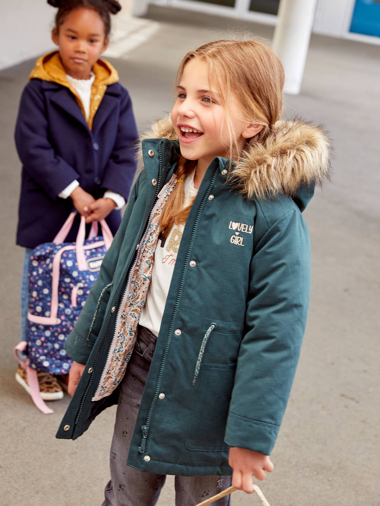 Parka com capuz 3 em 1, verde-escura lisa para meninas