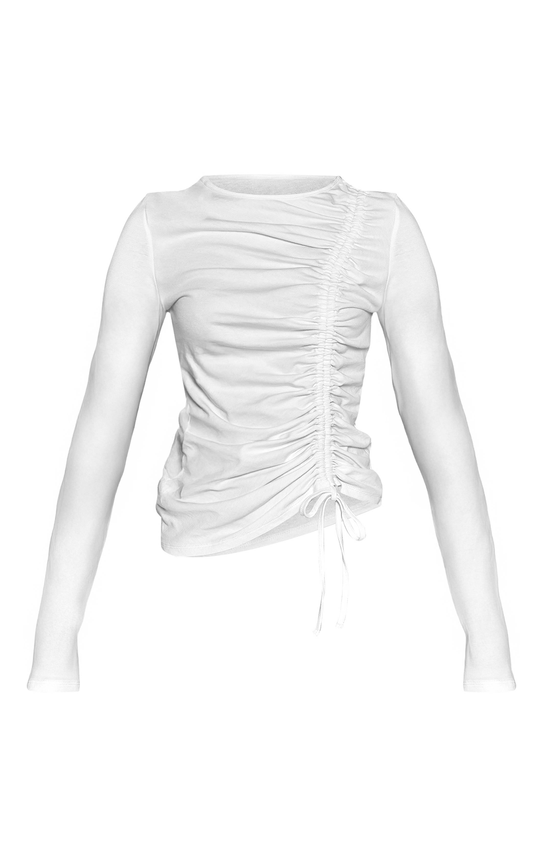 Blanc T-shirt En Coton À Manches Longues Avec Détail Froncé