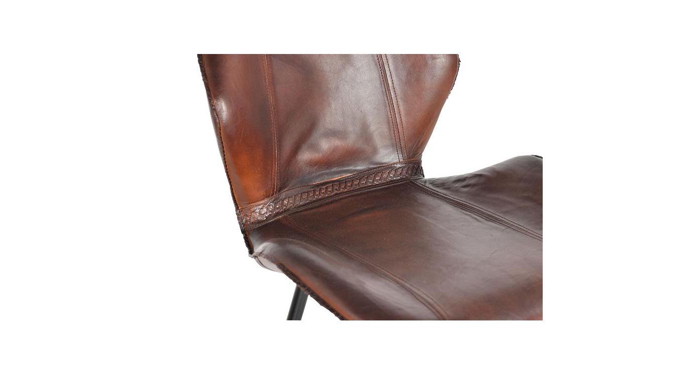 Chaise haute fer, cuir marron 49x50x102cm - fer-cuir