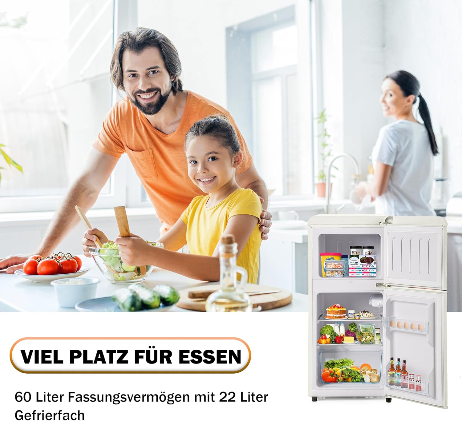 Merax Retro Kühlschrank, 60L Mini-Kühlschrank mit Gefrierschrank,Kühl-Gefrierkombination,22 Liter Gefrierfach, 38 Liter Kühlfach,102 kWh/Jahr, LED-Beleuchtung, cremeweiß