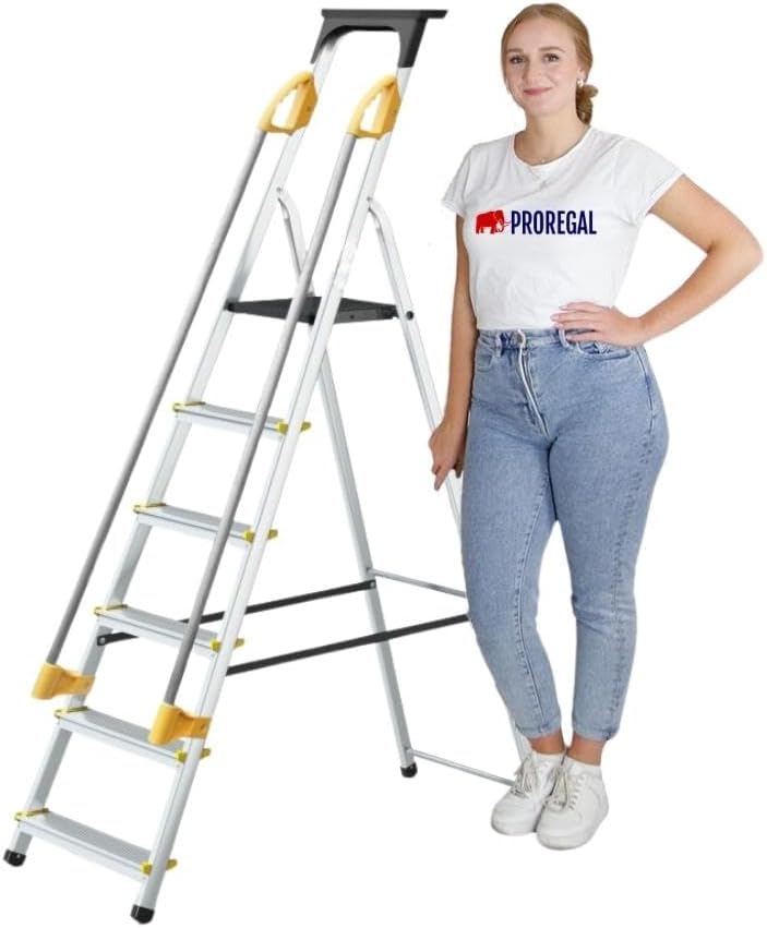 PROREGAL Trapladder met gereedschapsplank en leuning Economy Basic Enkelzijdige toegang 6 treden Werkhoogte 3,19 m Draagvermogen 150 kg