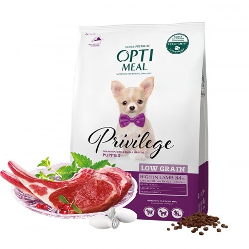 Ração seca Optitimeal Low Grain para filhotes, sabor cordeiro.