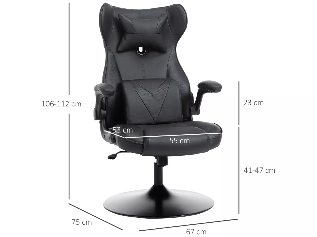 Vinsetto Fauteuil gaming fauteuil de bureau gaming base ronde métal pivotante 360° hauteur réglable coussins intégrés revêtement synthétique noir