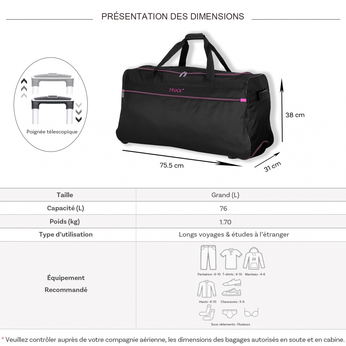 Truck Sac de voyage avec roulettes 76L Truck polyester taille L 75.50cm
