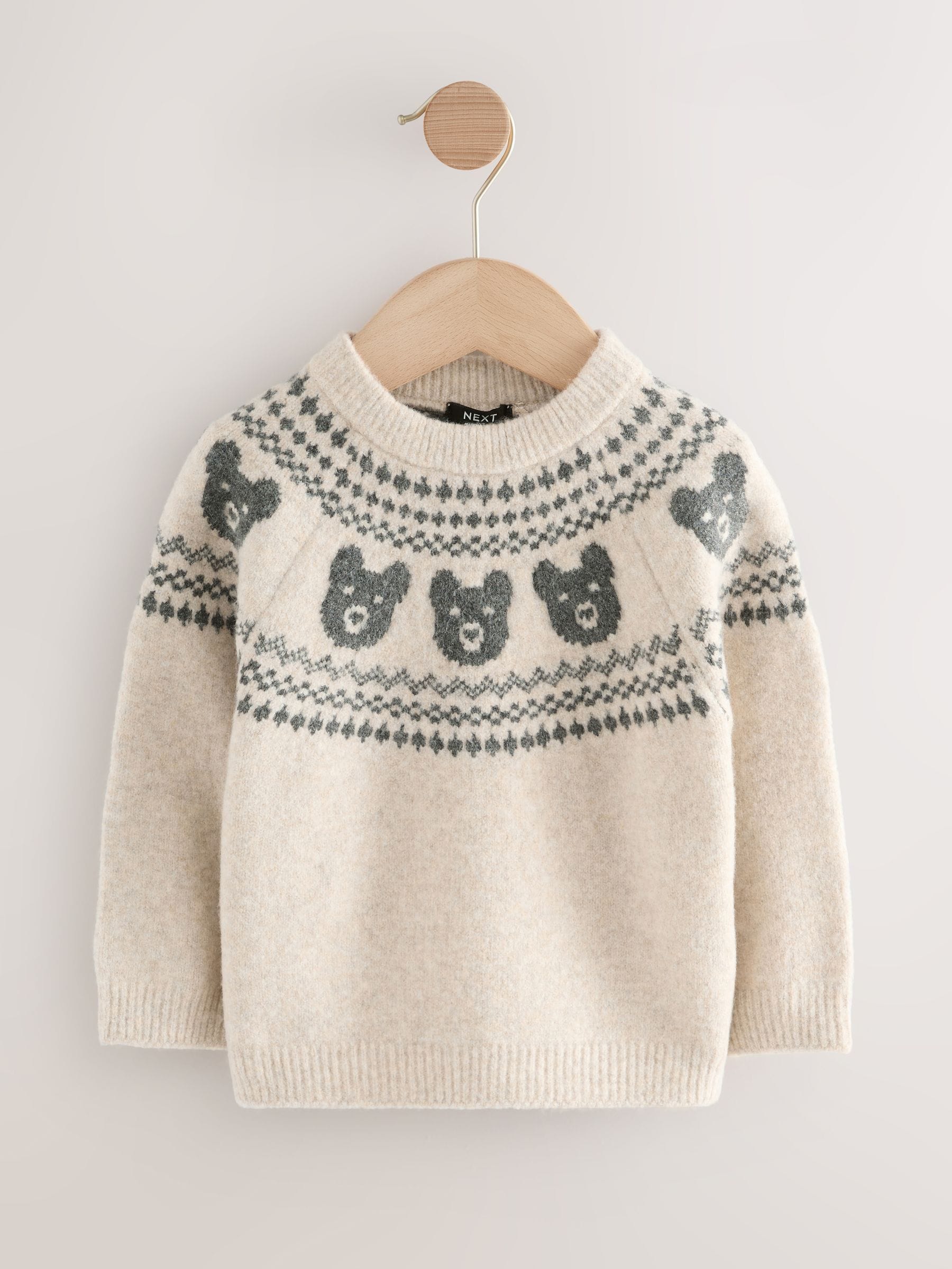 Neutraal met beren - Gebreide trui met fairisle-motief en ronde hals (3mnd -7jr)