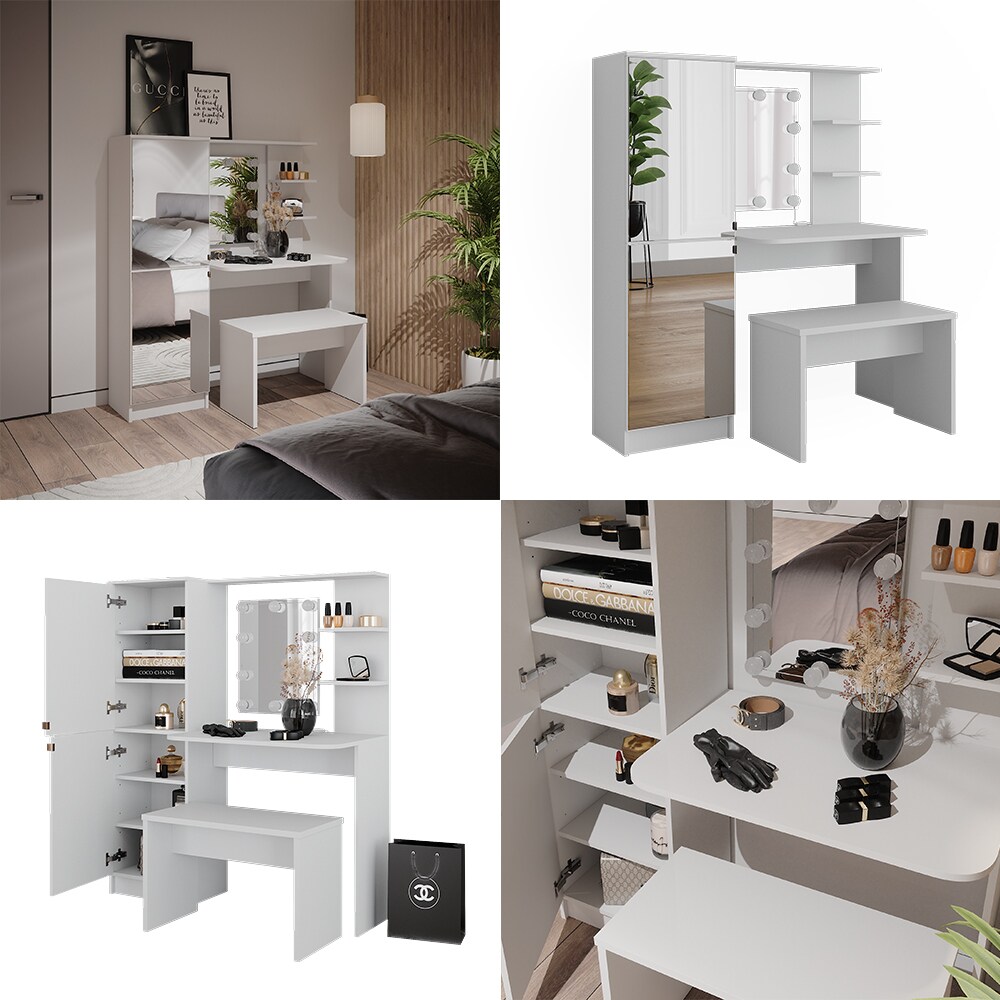 Vicco Schminktisch Jasmin Weiß 123 cm mit LED-Beleuchtung und Bank