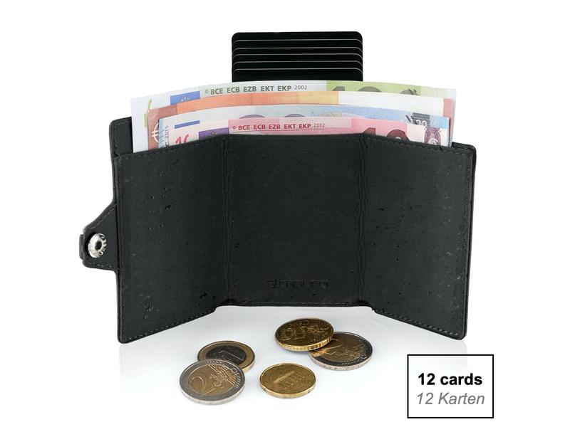 ZNAP Portemonnaie Slim Wallet Kork Black, 12er Portemonnaie mit entfernbarem Münzfach