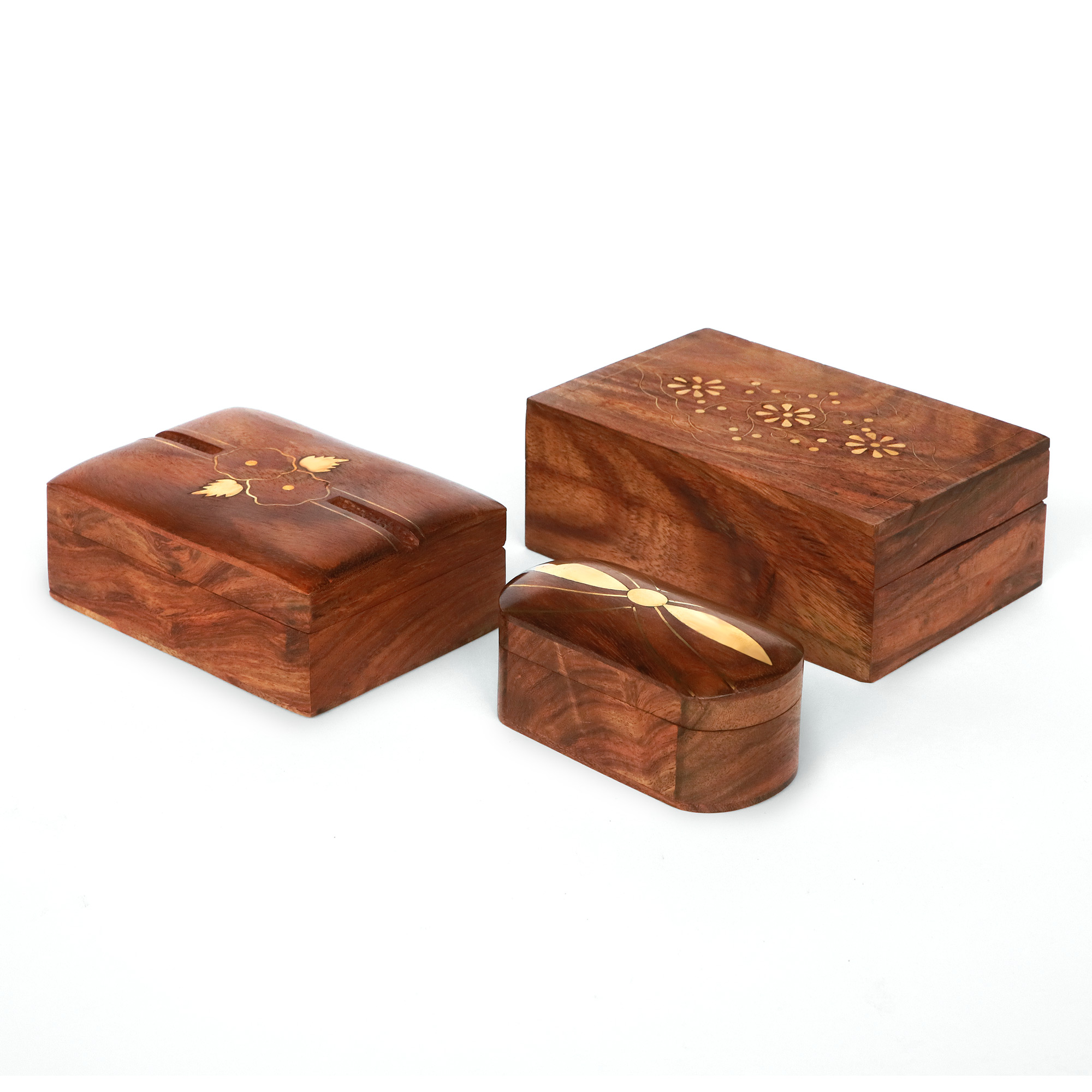 Holzbox mit Messingintarsien, Sheesham-Holz, B 10 cm, H 5 cm, L 4 cm von fischer's lagerhaus