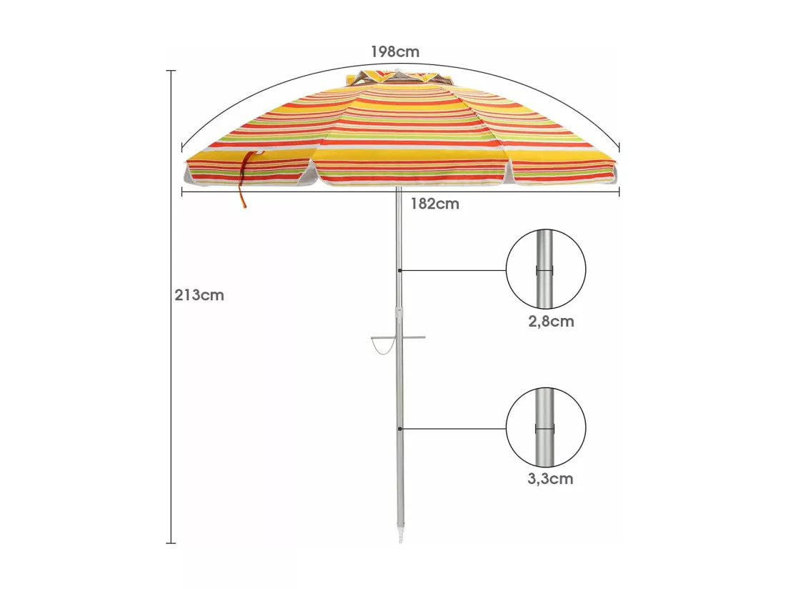 Parasol de Plage Inclinable Ø198 CM Protection UV 50+ avec Bouton Poussoir et Sac de Transport pour Patio/Piscine/Jardin-Rayures jaunes