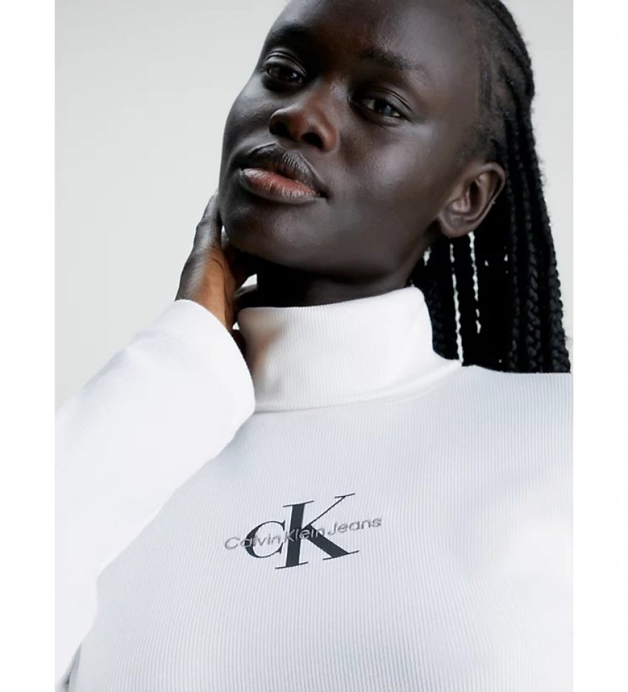 Blusa de gola alta canelada com monograma branco da Calvin Klein Jeans