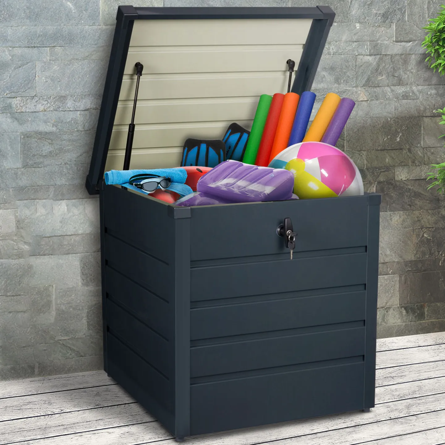 Coffre de rangement métal verrouillable gris anthracite pour jardin 200L 68x62,5x63 cm
