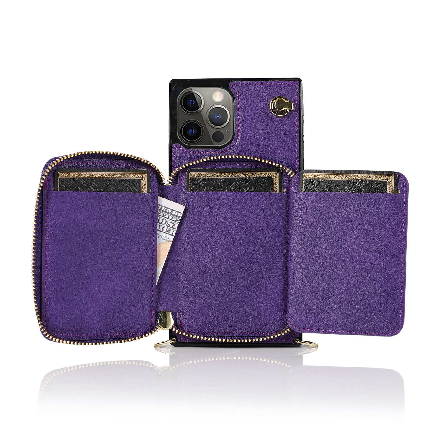 iPhone 13 Pro Necklace Leder Schutz Hülle mit Kartenfächer   Handykette (140cm) - Violett