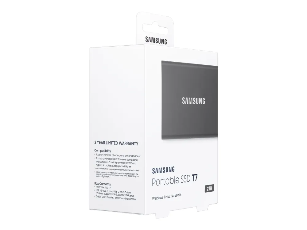 Samsung T7 MU-PC2T0T - SSD - krypteret - 2 TB - ekstern (bærbar) - USB 3.2 Gen 2 (USB-C stikforbindelse) - 256-bit AES - titan grå