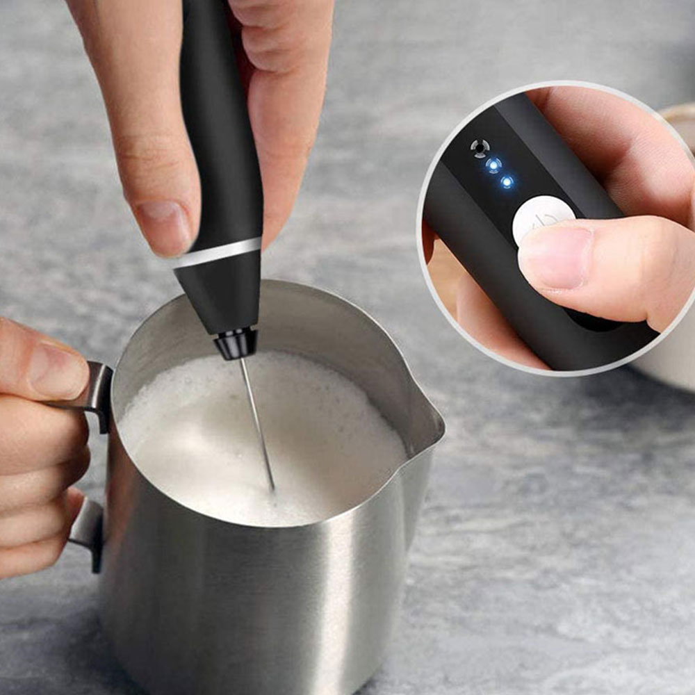 (3-tlg. Set) USB Milch Aufschäumer Aufladbar 3-Gang Handmixer für Kaffee / Milch / Eier - Schwarz
